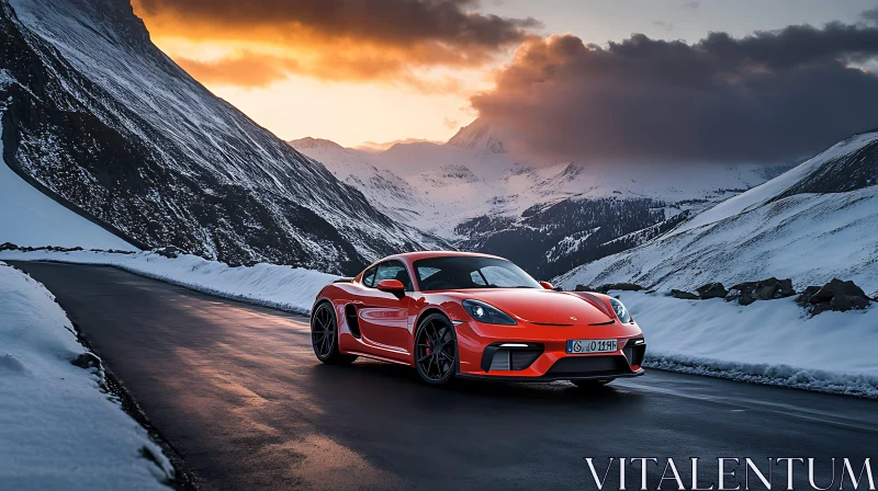Exquisite Red Sports Car on Winter Mountain Road Exquisite Red Sports Car on Winter Mountain Road