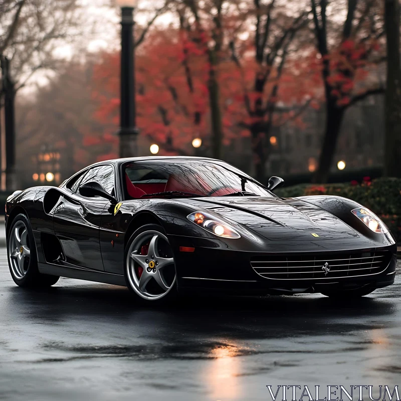 Luxury Black Sportscar Amidst Red Foliage AI Image