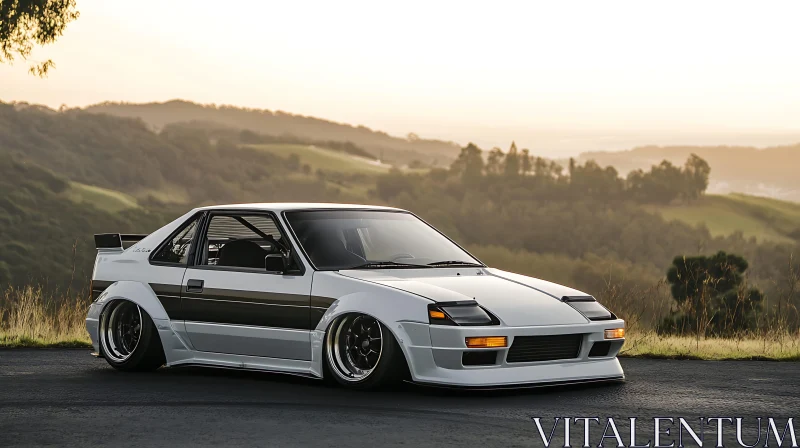 White Sports Car Sunset Mountain View AI Image