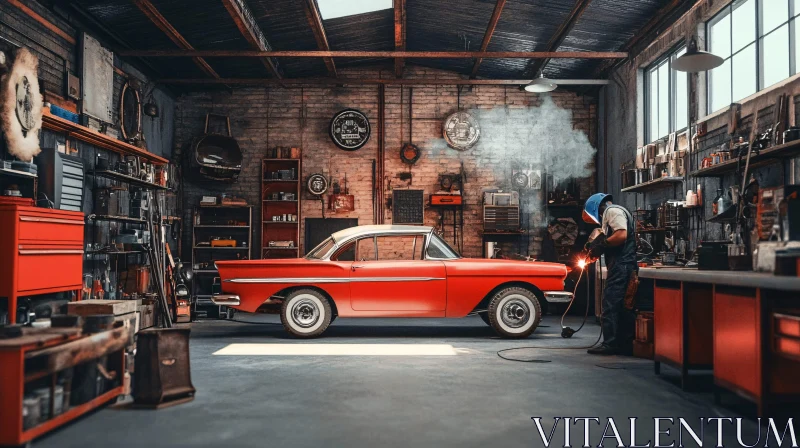 Red Vintage Car in Garage with Welder Red Vintage Car in Garage with Welder