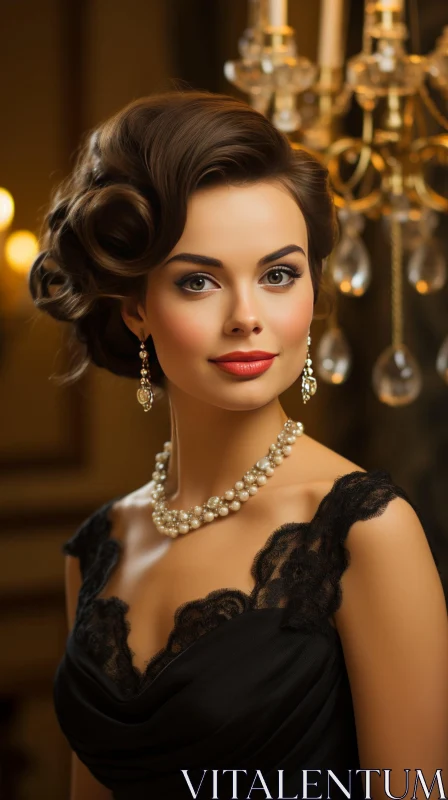 Captivating Retro Fashion: Elegant Woman in Black Dress and Pearl Necklace AI Image
