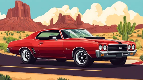 Vintage Red Car Road Trip in Desert