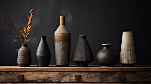 Rustic Charm: Array of Pottery Vases on Wooden Desk