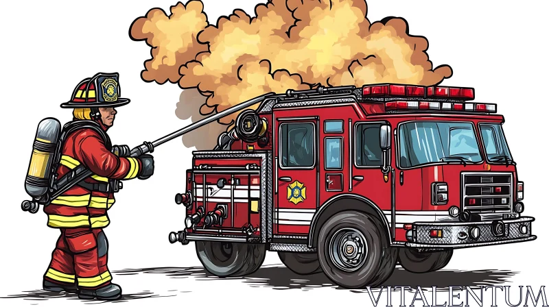 AI ART Fire Engine in Flames with Firefighter