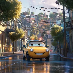 Smiling Yellow Car in Animated Urban Landscape