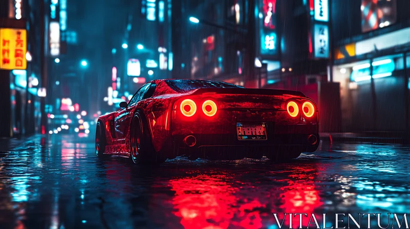 Neon Night City with Rain and Sports Car AI Image