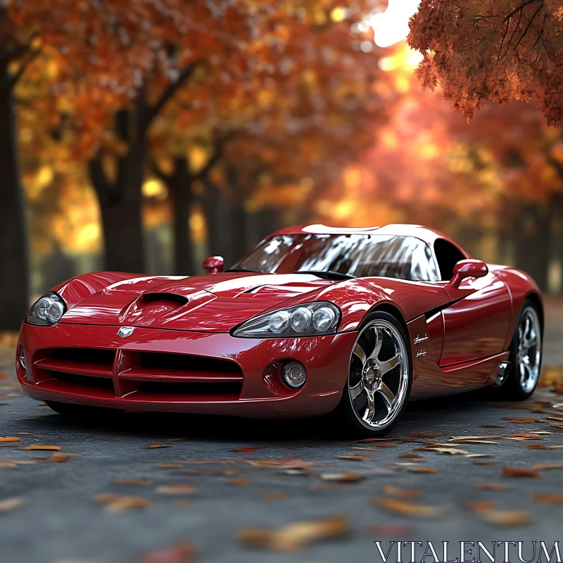 Red Sports Car in Fall Setting AI Image