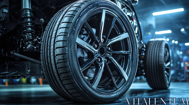 Detailed Close-Up of a Shiny Car Wheel in a Contemporary Garage AI Image