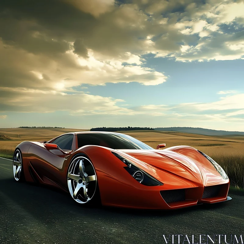 AI ART Futuristic Red Sportscar in Rural Setting