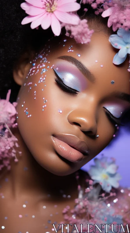 Captivating Artwork of a Black Woman with Silver Flowers AI Image