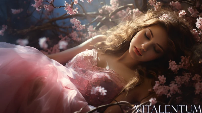 Captivating Image of a Sleeping Girl in a Pink Fairy Tale Dress under a Rose Tree AI Image