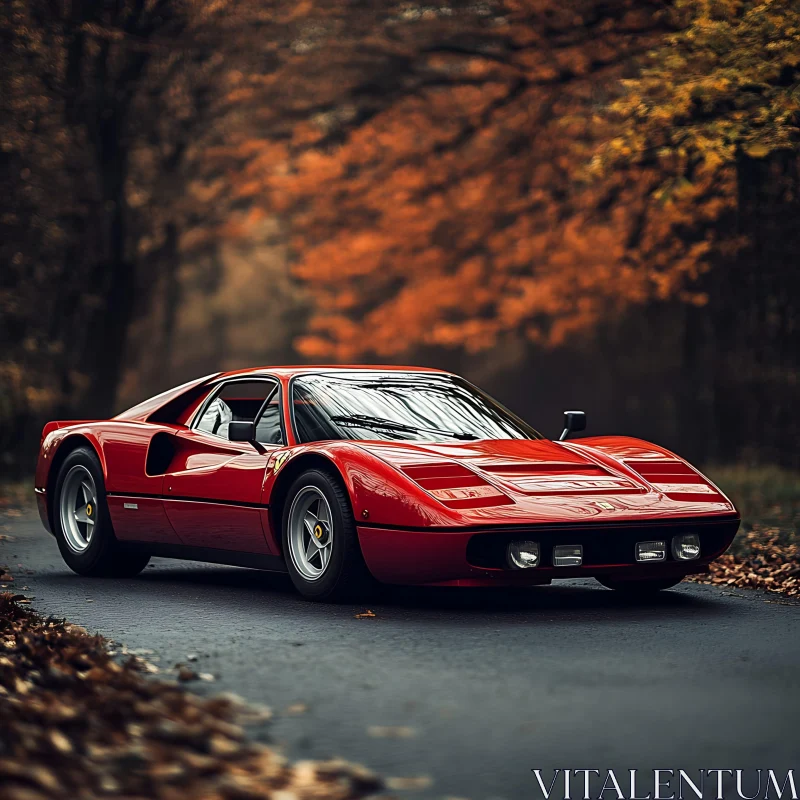 Vintage Red Car in Autumn Scene AI Image