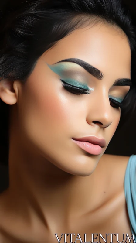 Exotic Beauty: Woman with Green Makeup and Blue Eyeshadow AI Image