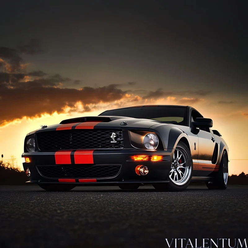 Powerful Automobile with Red Racing Stripes at Sunset AI Image