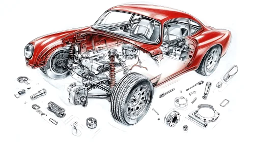 Detailed Mechanical Illustration of a Classic Car