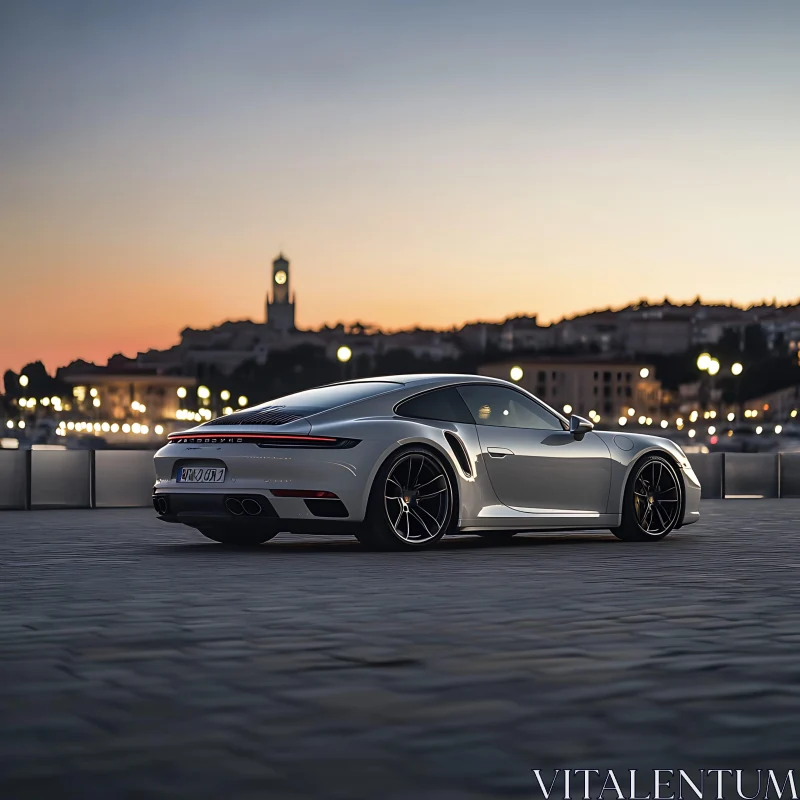 AI ART Silver Sports Car at Dusk with City Lights