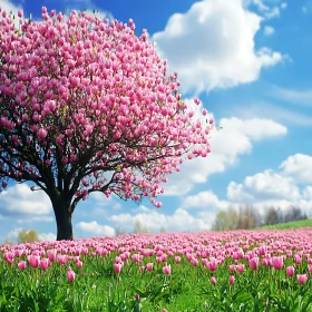 Springtime Pink Blossom Tree with Tulip Meadow