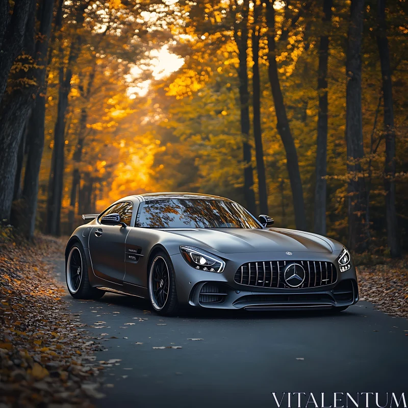 Elegant Grey Mercedes Amidst Autumn Forest AI Image