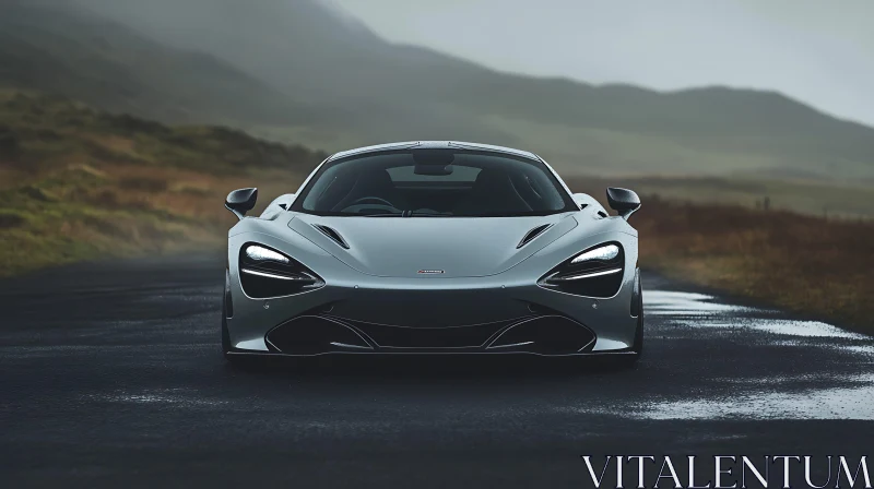 Luxury Sports Car in Misty Landscape AI Image