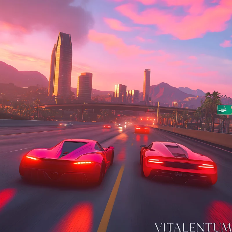 Sunset City Highway Sports Car Race AI Image