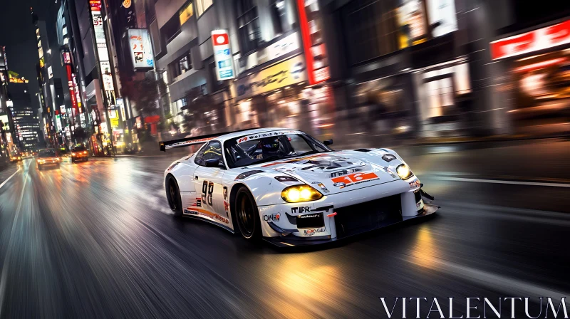 White Racing Car in Night Cityscape AI Image