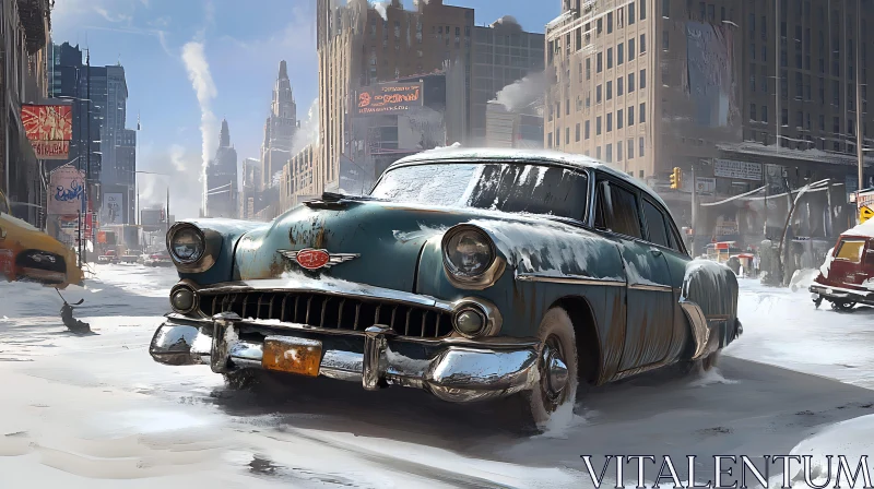 Retro Car in Snow-covered Cityscape AI Image