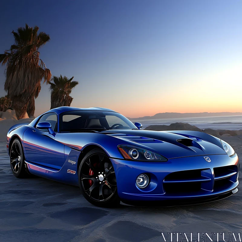 Luxurious Blue Sports Car on a Beach during Sunset AI Image