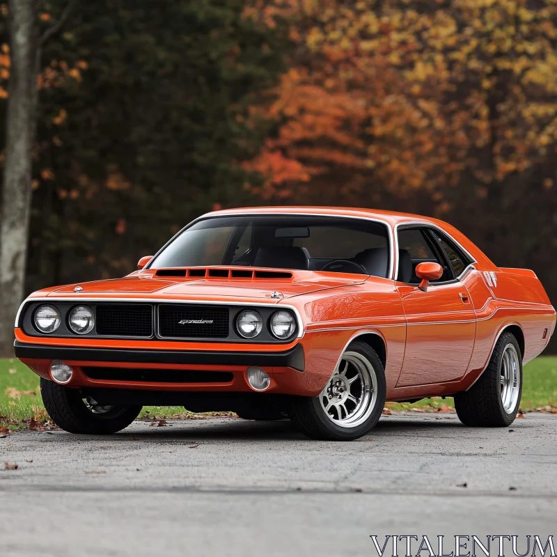 Vintage Orange Car in Fall Landscape AI Image