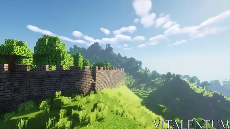 Voxel-Based Scenery with Stone Wall and Greenery AI Image