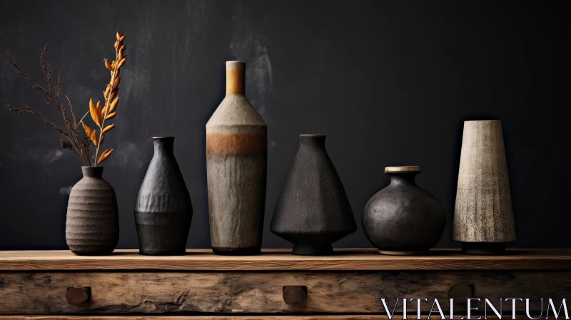 Rustic Charm: Array of Pottery Vases on Wooden Desk AI Image