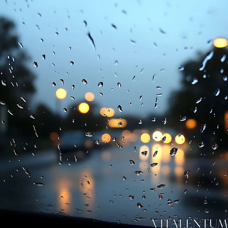 Evening Cityscape through Raindrop-Kissed Glass AI Image