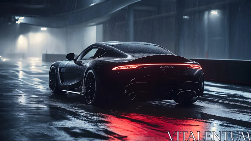 Luxury Black Car in Rainy Night with Red Taillights AI Image