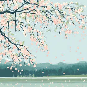 Tranquil Scene of Cherry Blossoms Over a Lake