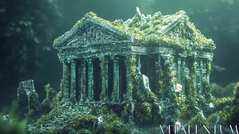 Underwater Ancient Ruins Covered in Moss and Algae AI Image