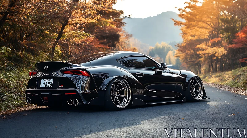 Elegant Black Sports Car in Autumn Landscape AI Image