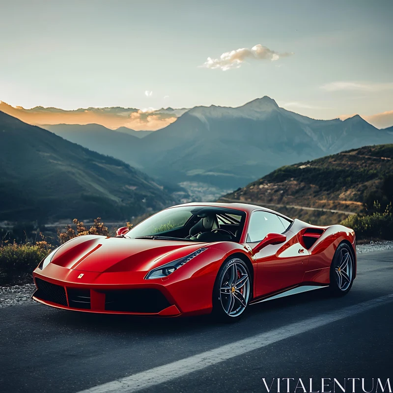 Red Sports Car and Mountain Sunset AI Image