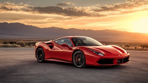 High-End Red Sports Car in Scenic Desert at Sunset