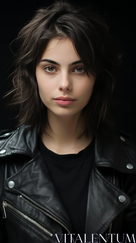 Captivating Young Woman in Black Leather Jacket | Expressive Portraiture AI Image