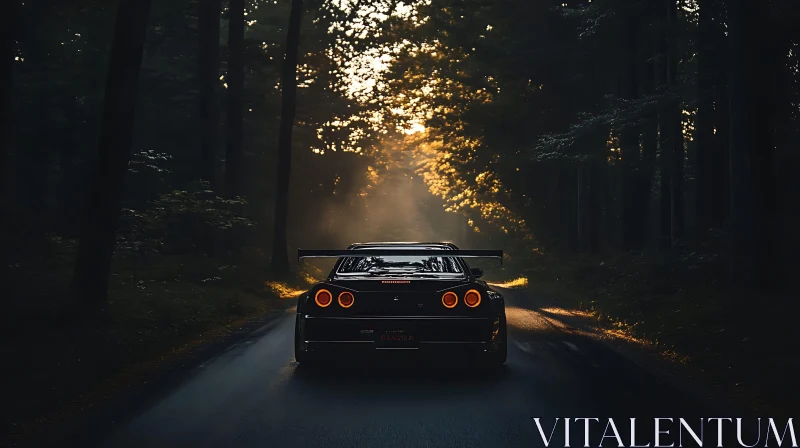 Car on Forest Road at Sunset AI Image