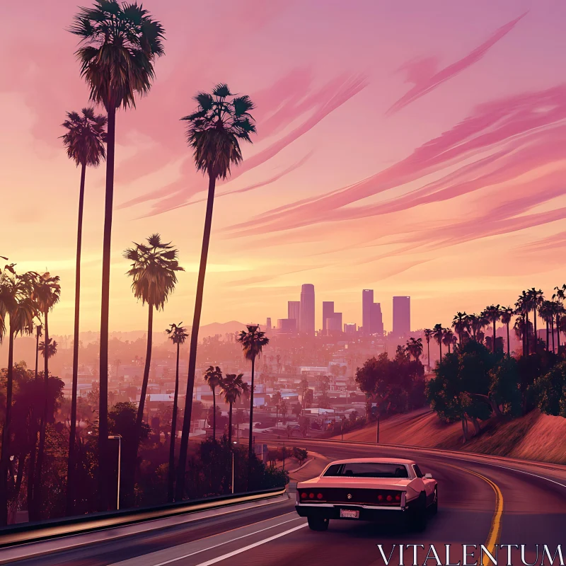 Urban Sunset with Palm Trees and City Skyline AI Image