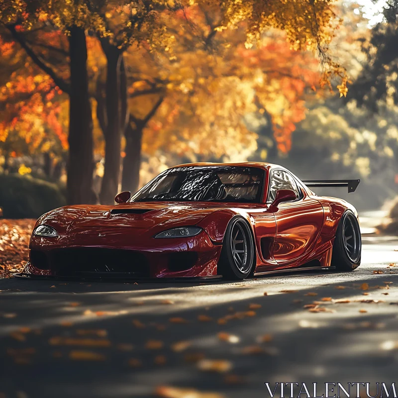 Sleek Red Sports Car Amidst Autumn Foliage AI Image