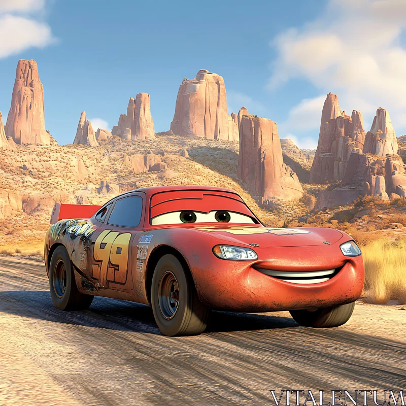 Smiling Animated Red Car in Rocky Desert Background AI Image