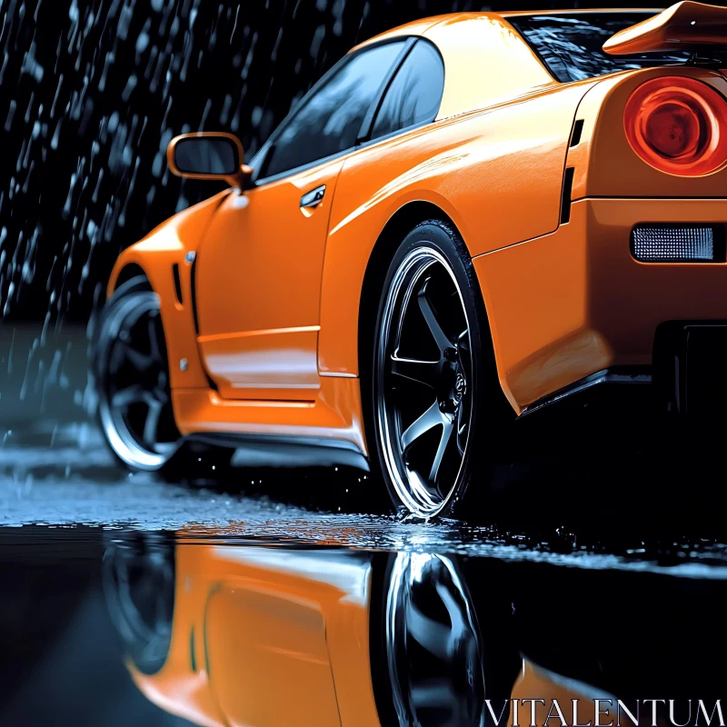 Nighttime Beauty of an Orange Car in the Rain AI Image