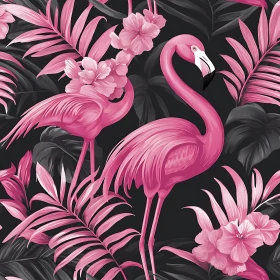 Pink Flamingos with Tropical Leaves and Flowers