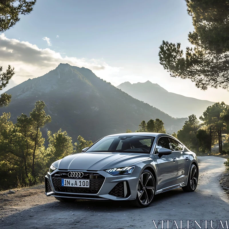 Stylish Car Parked Amidst Lush Mountains AI Image