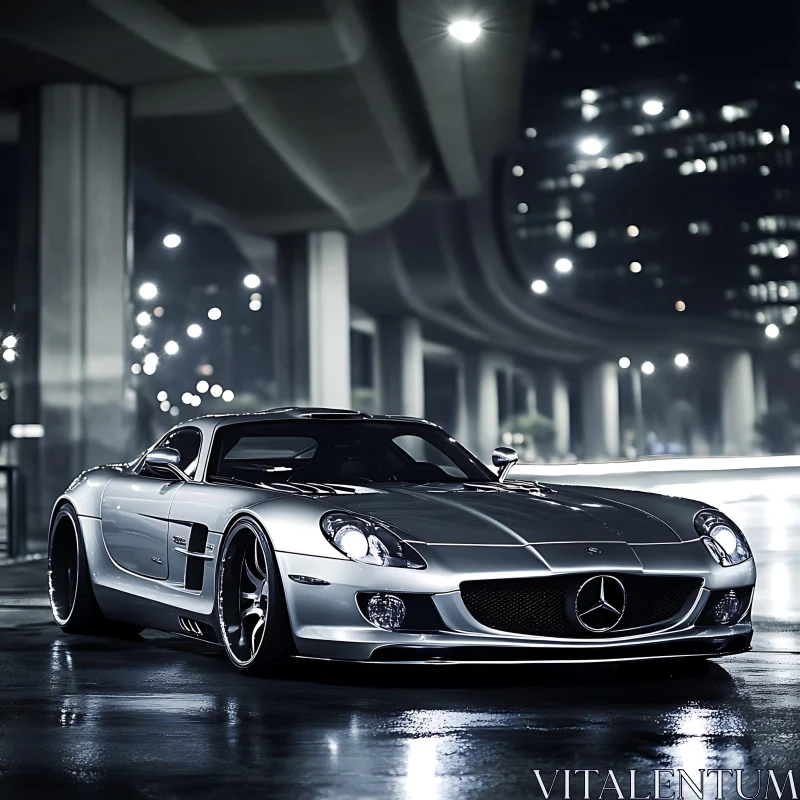 Luxury Silver Car Under City Lights AI Image