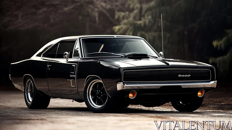 Vintage Black Muscle Car in Nature Setting AI Image