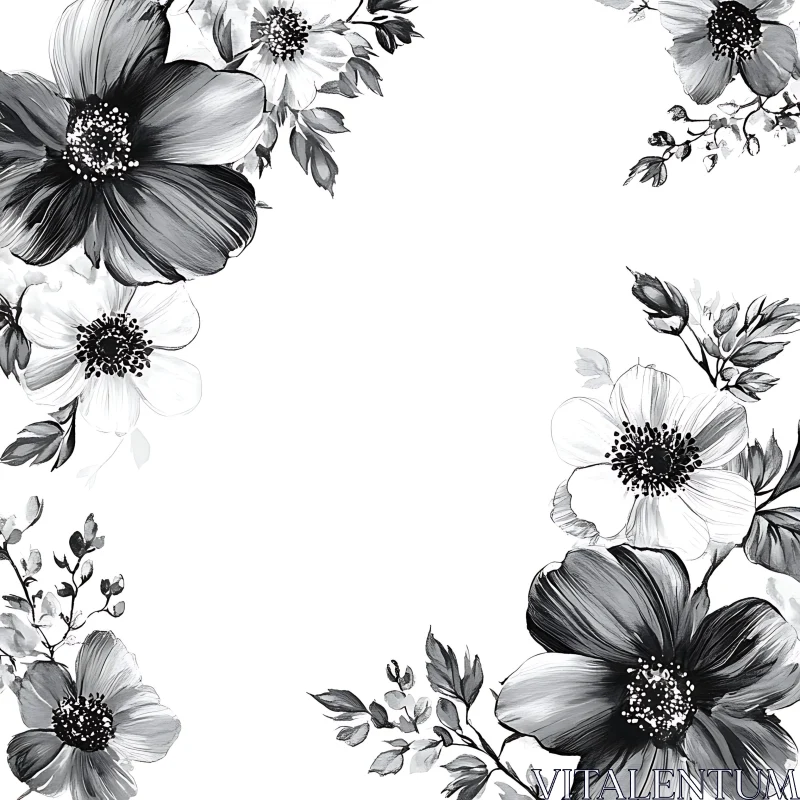 AI ART Monochrome Botanical Art with Flowers