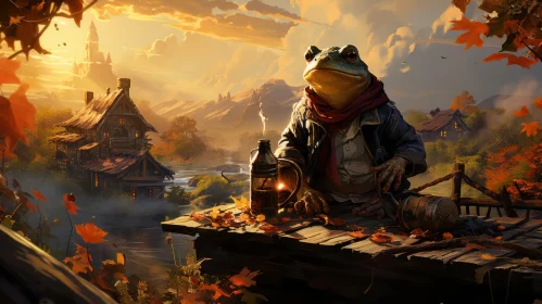 Folk-Inspired Frog Illustration with Autumn Village Backdrop