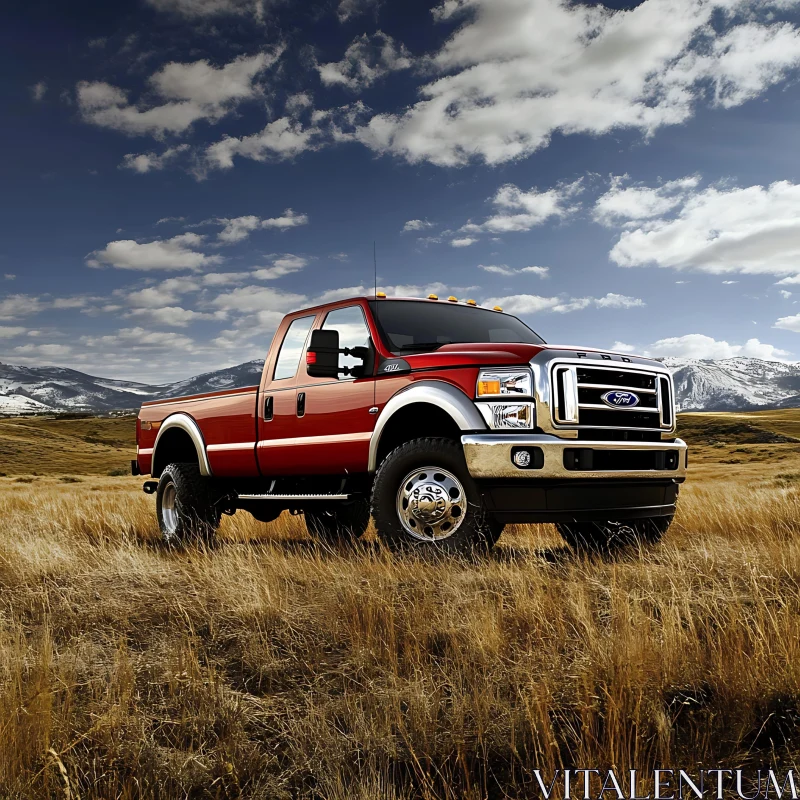 Truck in Prairie with Mountain Sky AI Image